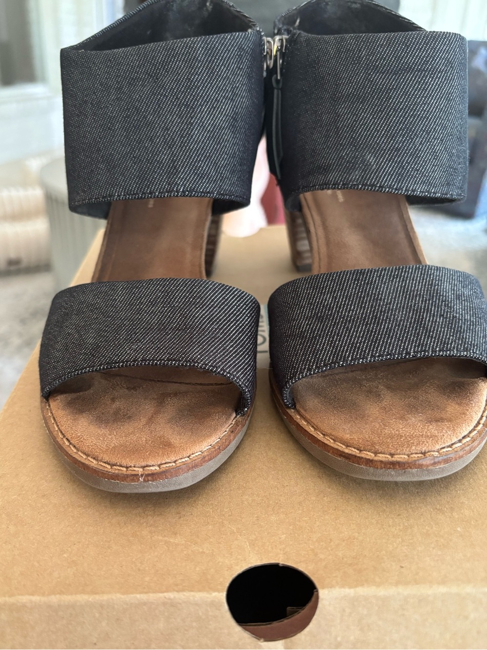 Toms Black Denim Block Heel Sandals